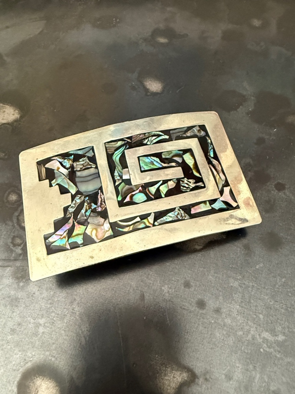 Abalone Inlay Geometric Belt Buckle - Vintage Alpaca Silver Mexico Multi-Color